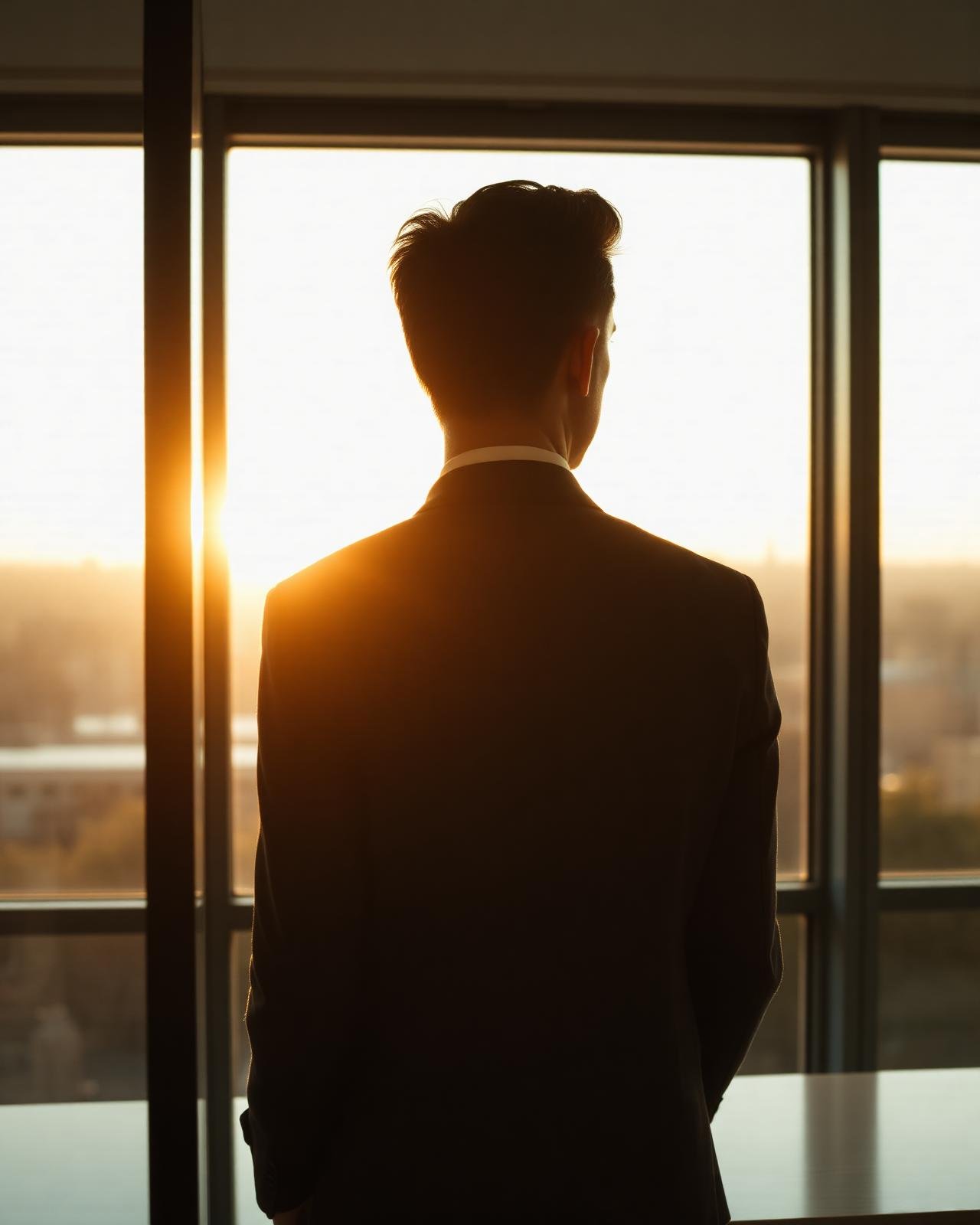Profissional em silêncio, contemplando o horizonte diante de uma janela ao amanhecer