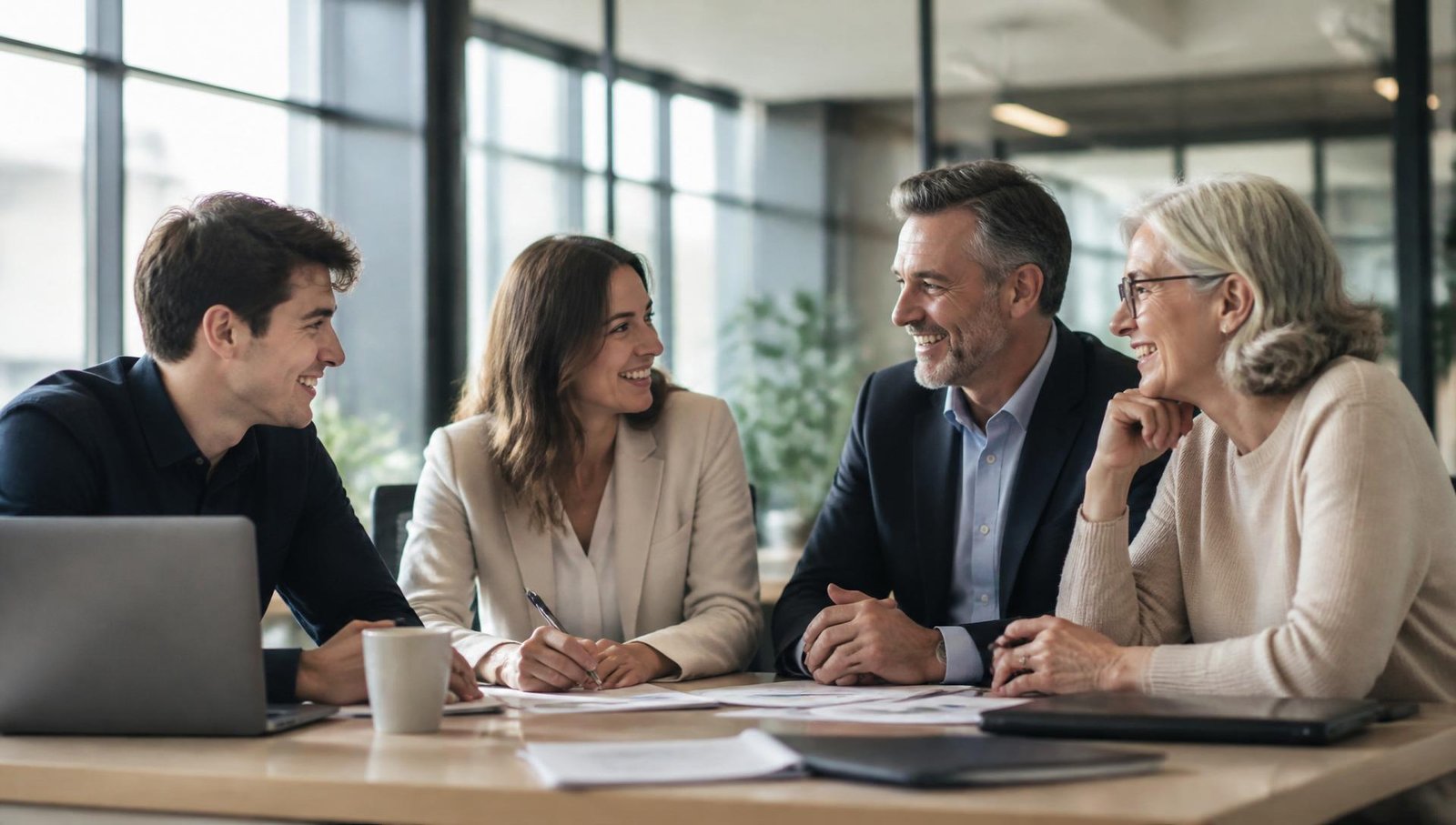 Profissionais de diferentes gerações conversando e colaborando em um ambiente corporativo iluminado.