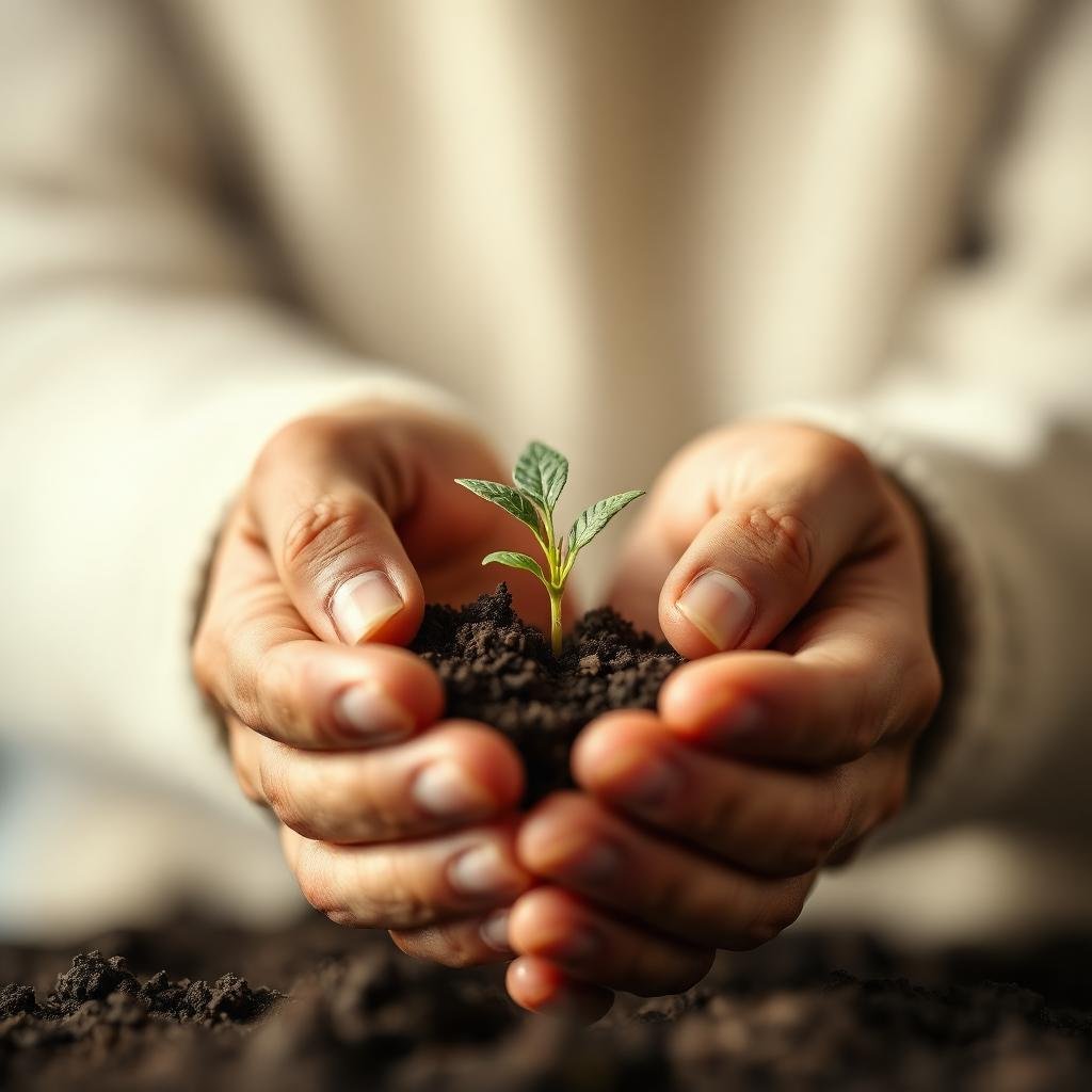 Mãos segurando uma pequena muda verde brotando da terra, símbolo de desenvolvimento e amadurecimento.